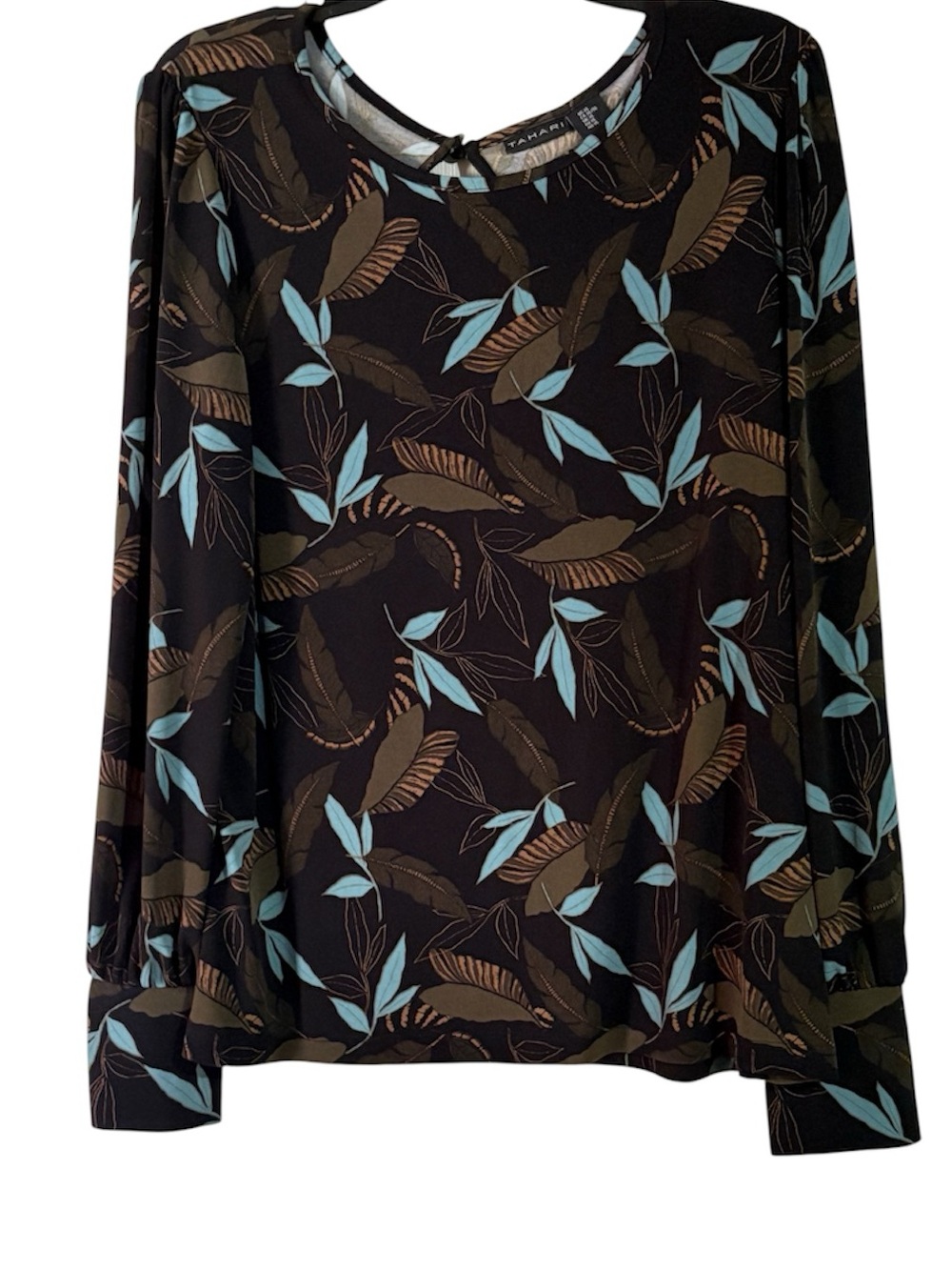 Tahari Black Long-Sleeve Leaf Print Top with Blue and Brown Accents